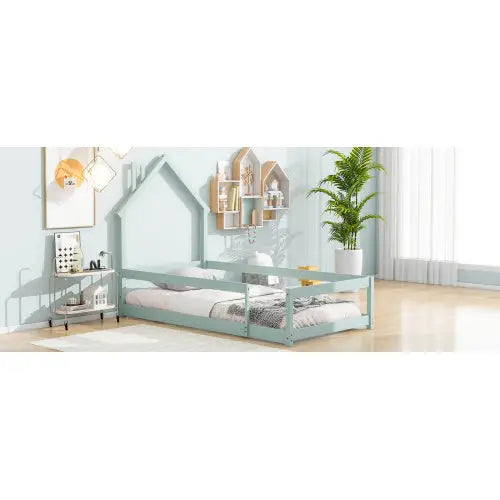 Charming twin size wood bed with house-shaped headboard in light green $179.99 specification product information item