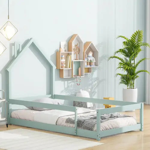 Charming twin size wood bed with house-shaped headboard in light green $179.99 specification product information item