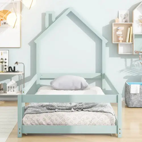 Charming twin size wood bed with house-shaped headboard in light green $179.99 specification product information item