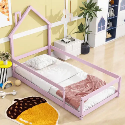 Charming twin size bed with house-shaped headboard in pink accents $199.99 specification product information item