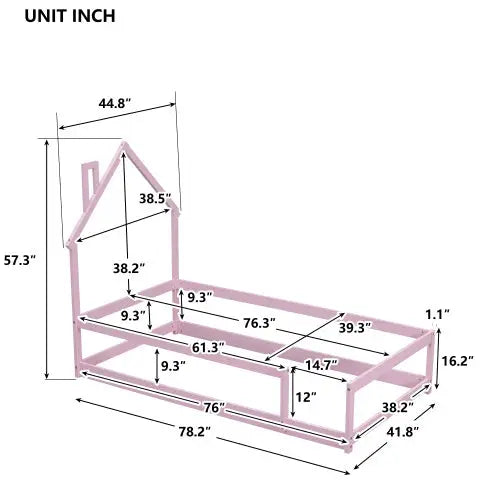 Charming twin size bed with house-shaped headboard in pink accents $199.99 specification product information item