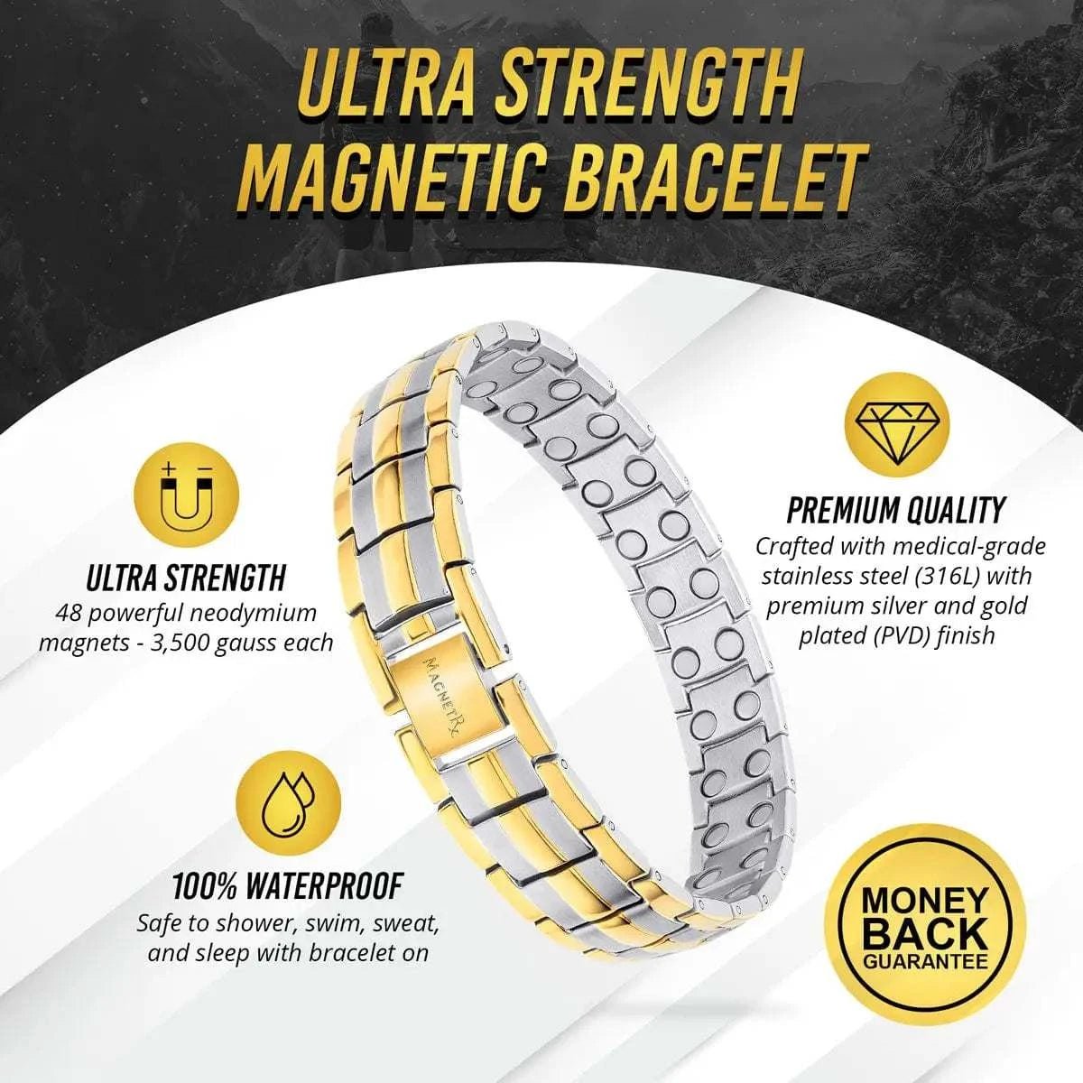 Ultra Strength Magnetic Therapy Bracelet Silver & Gold Classic - Maven Couture IncBracelet