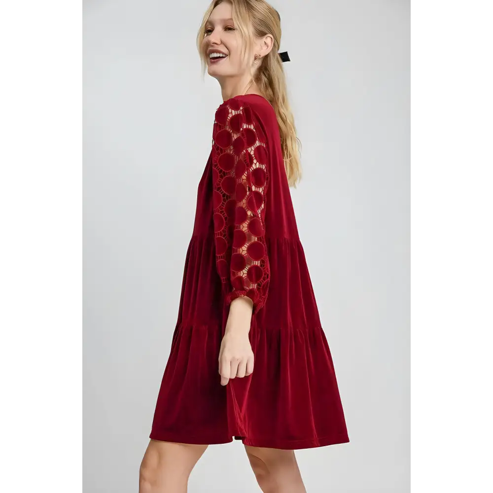 Dotted lace sleeve velvet mini dress in timeless designer clothing $46.99 the dotted lace sleeve tiered velvet mini