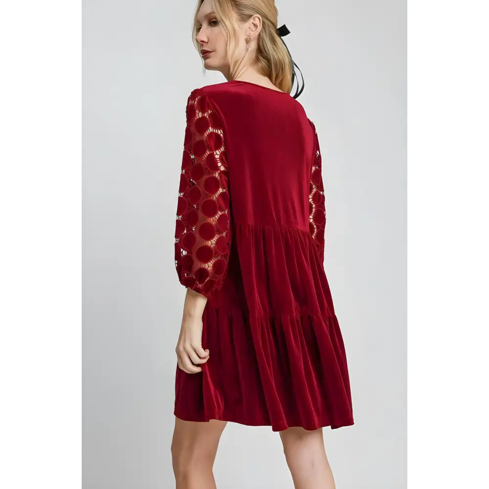 Dotted lace sleeve velvet mini dress in timeless designer clothing $46.99 the dotted lace sleeve tiered velvet mini