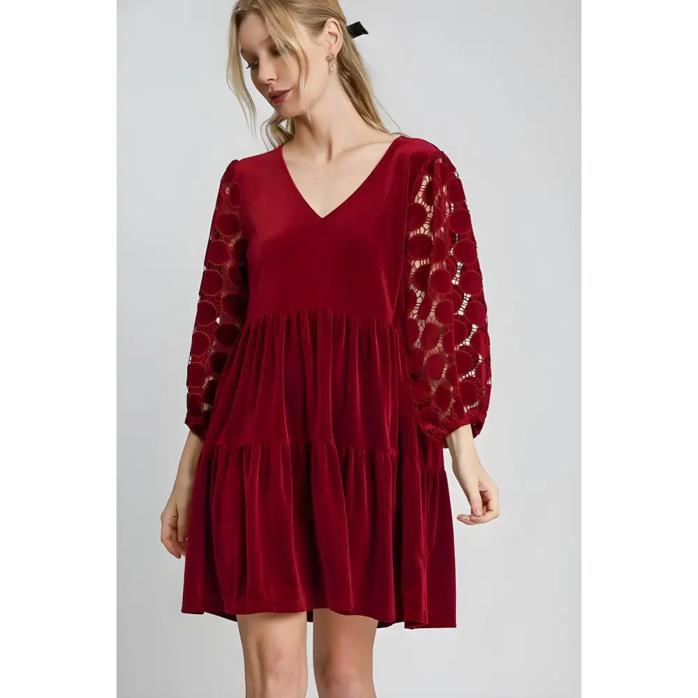 Dotted lace sleeve velvet mini dress in timeless designer clothing $46.99 the dotted lace sleeve tiered velvet mini