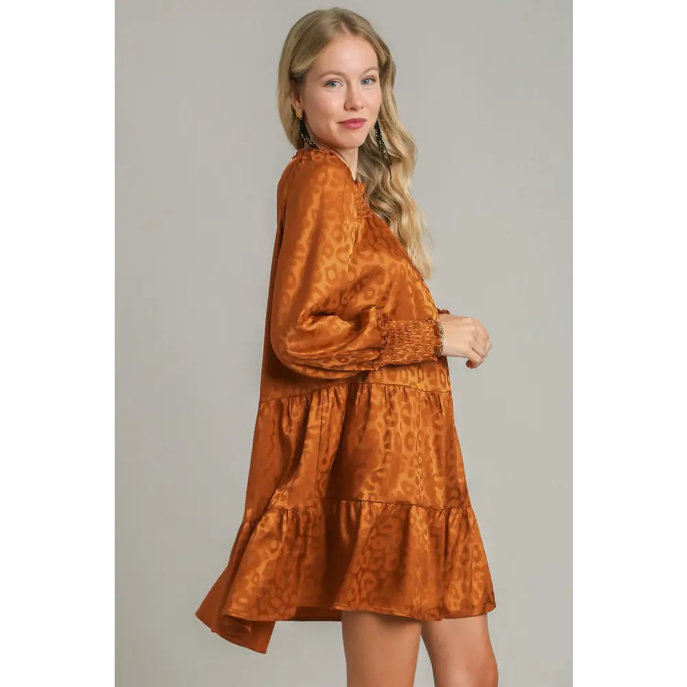 Chic smocked leopard tiered dress in luxury fashion for women $49.92 a smocked leopard long sleeve tiered dress