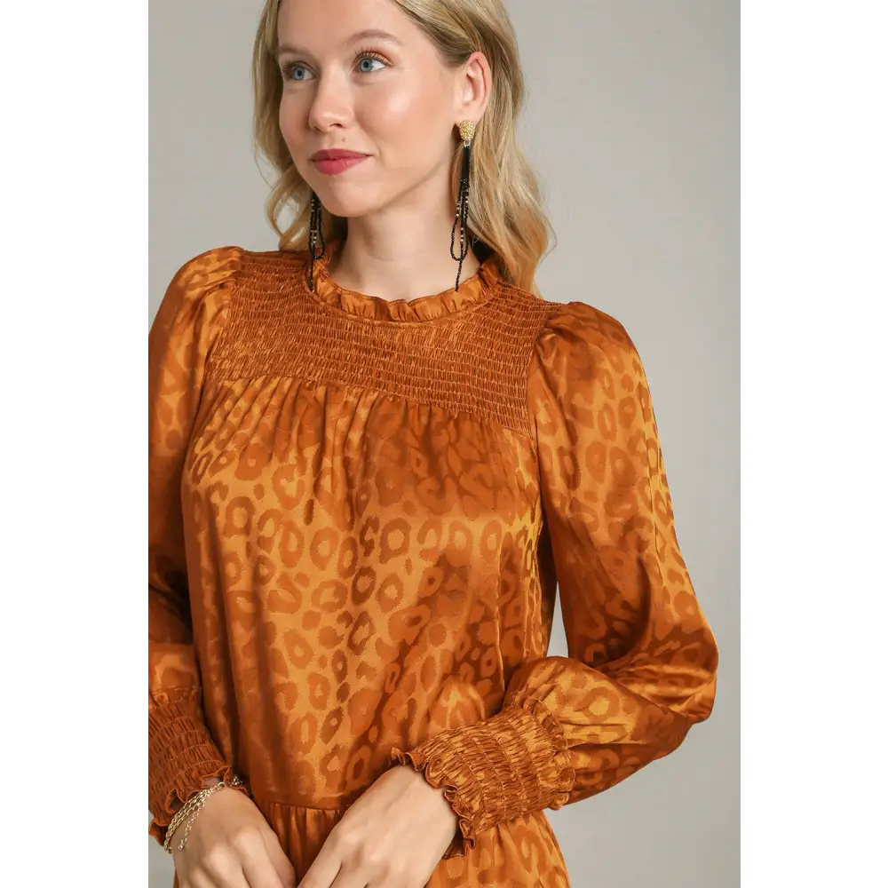 Chic smocked leopard tiered dress in luxury fashion for women $49.92 a smocked leopard long sleeve tiered dress