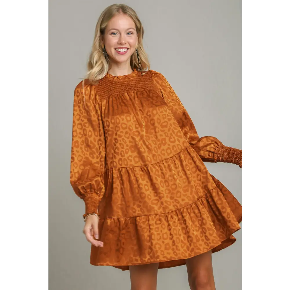 Chic smocked leopard tiered dress in luxury fashion for women $49.92 a smocked leopard long sleeve tiered dress