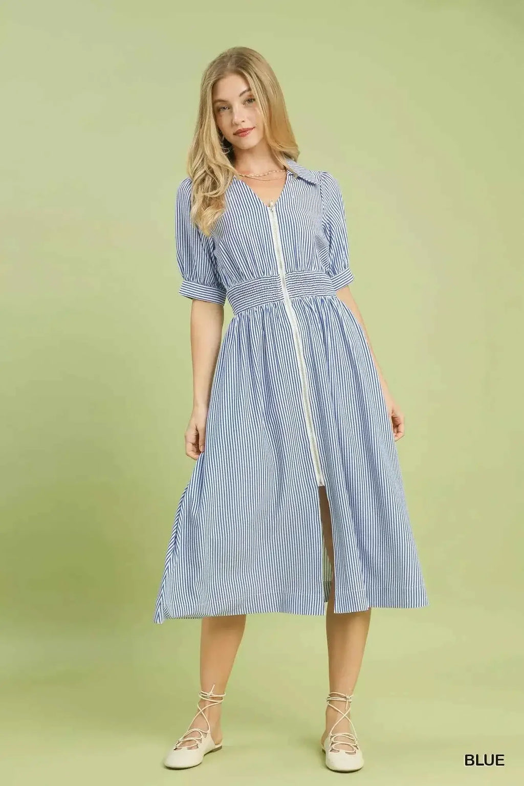 Umgee Striped Midi Dress with Front Zipper