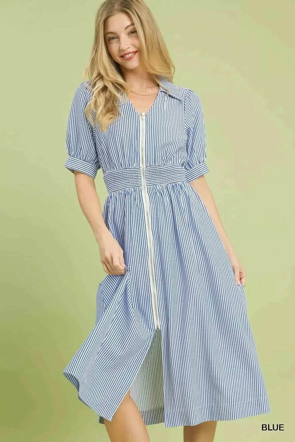 Umgee Striped Midi Dress with Front Zipper
