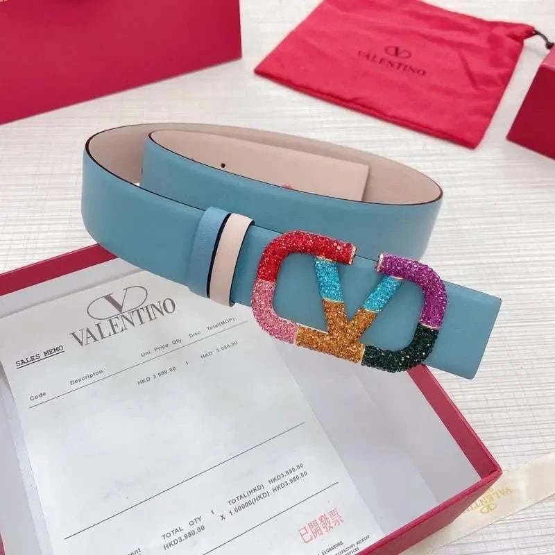 VALENTINO GARAVANI V logo Rainbow Reversible Leather Belt 'Beige/Sky Blue' - Maven Couture Inc