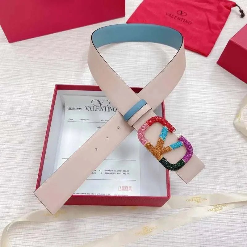 VALENTINO GARAVANI V logo Rainbow Reversible Leather Belt 'Beige/Sky Blue' - Maven Couture Inc