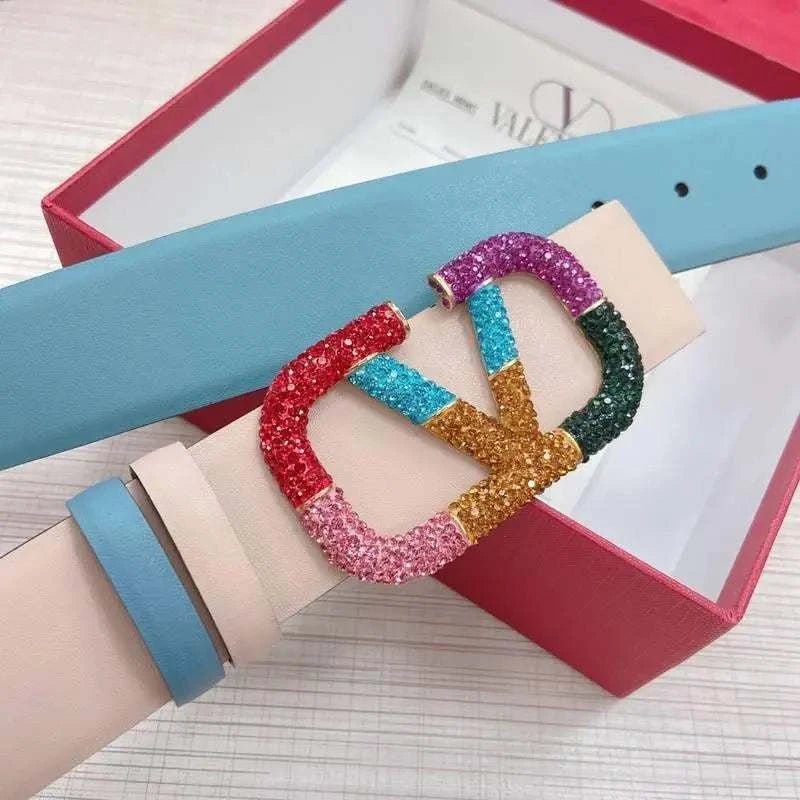 VALENTINO GARAVANI V logo Rainbow Reversible Leather Belt 'Beige/Sky Blue' - Maven Couture Inc