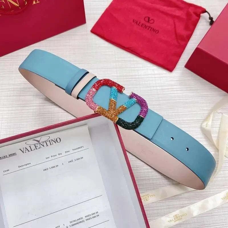 VALENTINO GARAVANI V logo Rainbow Reversible Leather Belt 'Beige/Sky Blue' - Maven Couture Inc