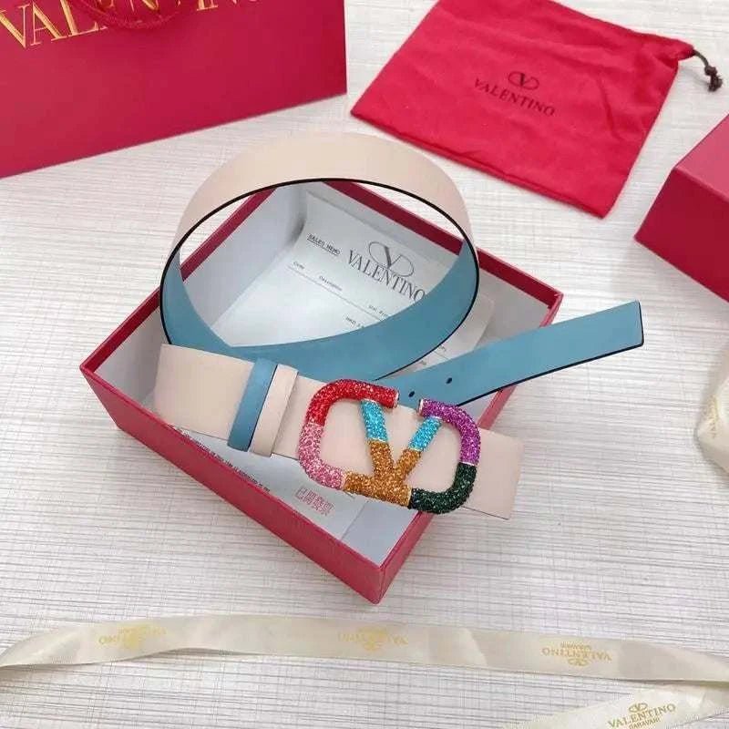 VALENTINO GARAVANI V logo Rainbow Reversible Leather Belt 'Beige/Sky Blue' - Maven Couture Inc