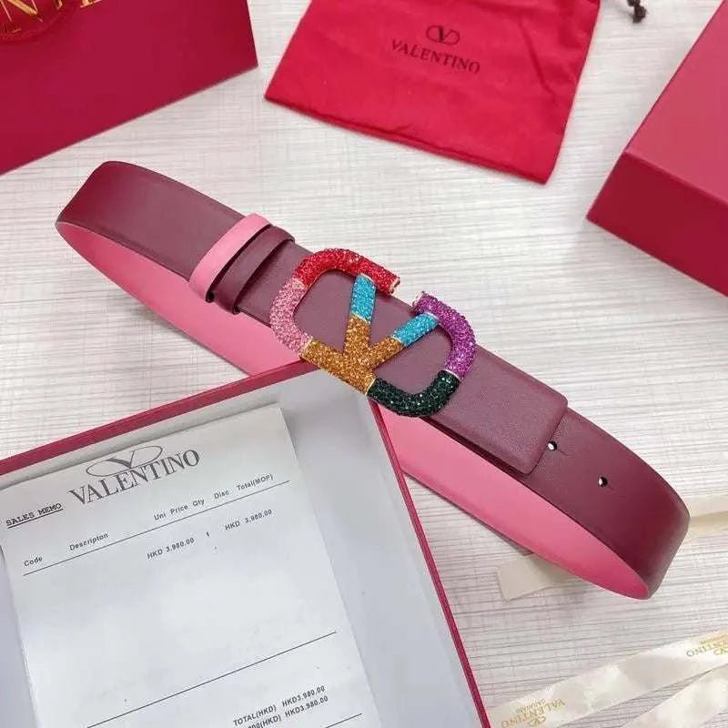 VALENTINO GARAVANI V logo Rainbow Reversible Leather Belt 'Pink/Brown' - Maven Couture Inc