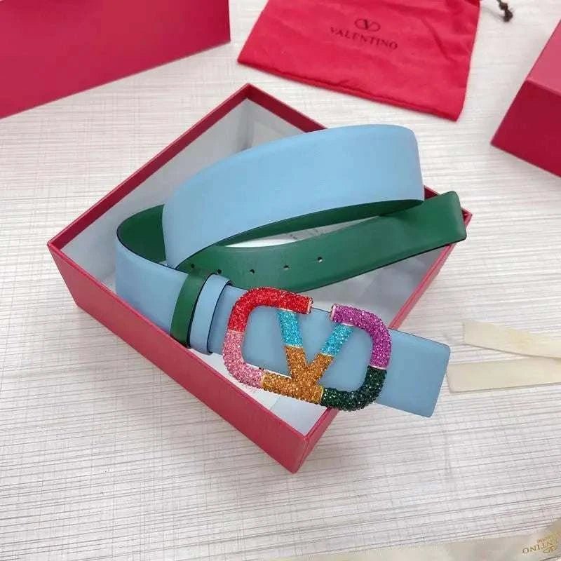 VALENTINO GARAVANI V logo Rainbow Reversible Leather Belt 'Sky Blue/Green' - Maven Couture Inc