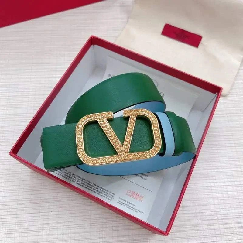 Valentino V logo Hammered Buckle Reversible Wide Signature Belt 'Green/Sky Blue' - Maven Couture Inc