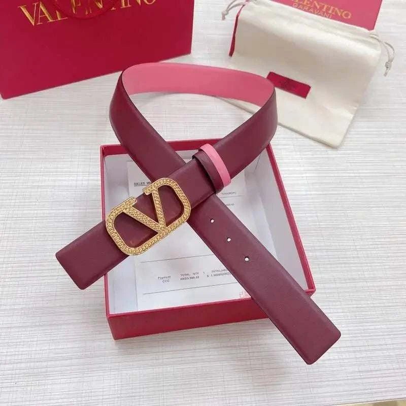 Valentino V logo Hammered Buckle Reversible Wide Signature Belt 'Red/Pink' - Maven Couture Inc