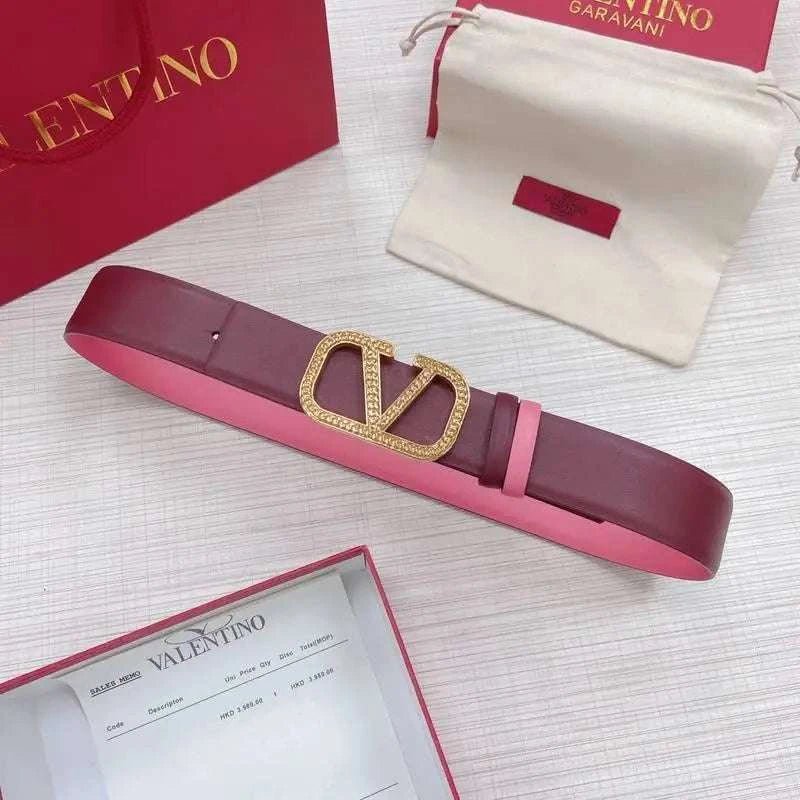 Valentino V logo Hammered Buckle Reversible Wide Signature Belt 'Red/Pink' - Maven Couture Inc