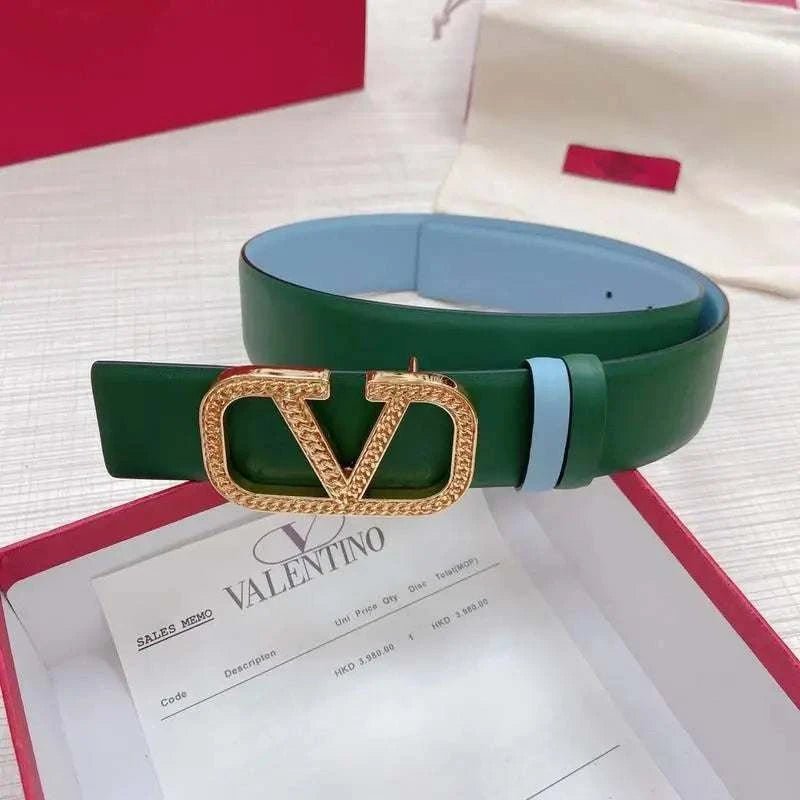 Valentino V logo Hammered Buckle Reversible Wide Signature Belt 'Green/Sky Blue' - Maven Couture Inc