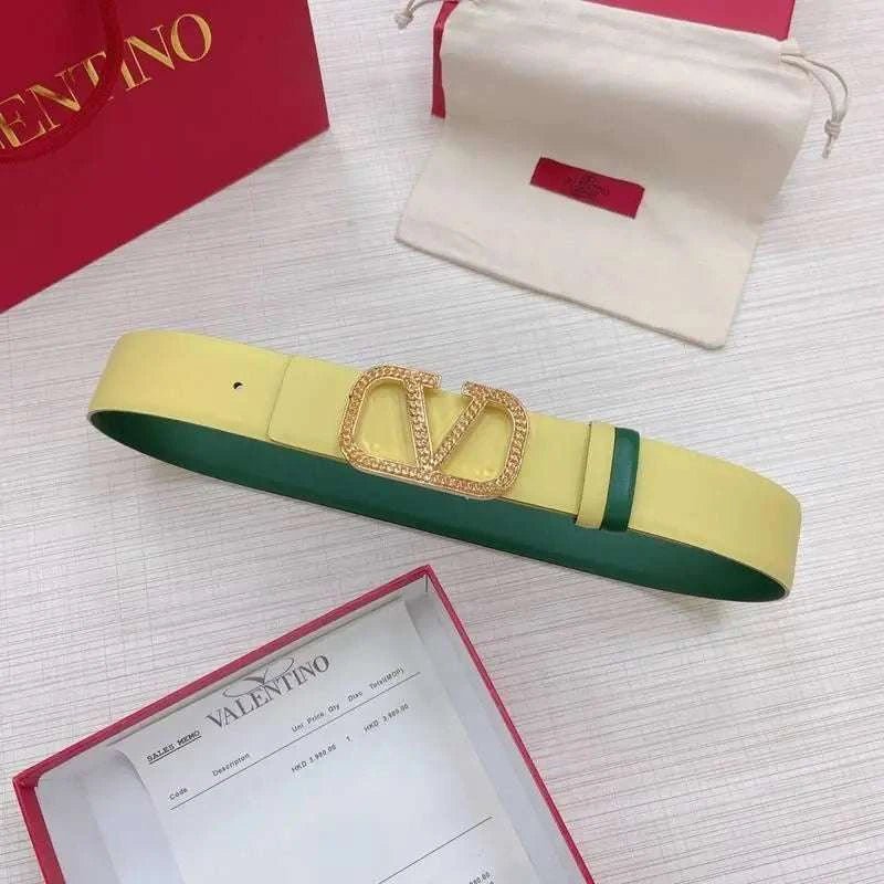Valentino V logo Hammered Buckle Reversible Wide Signature Belt 'Lime/Green' - Maven Couture Inc