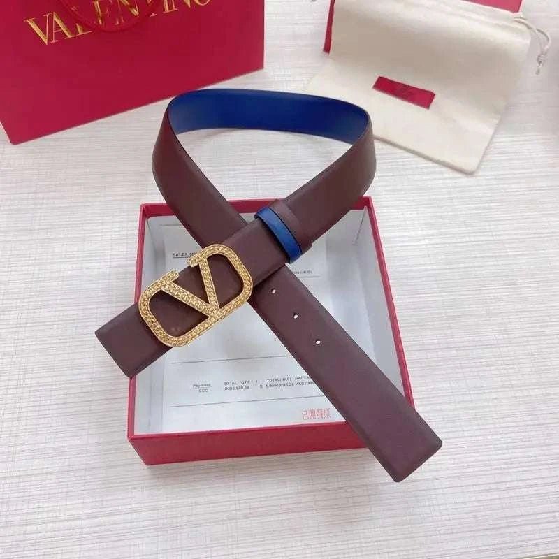 Valentino V logo Hammered Buckle Reversible Wide Signature Belt 'Brown/Blue' - Maven Couture Inc