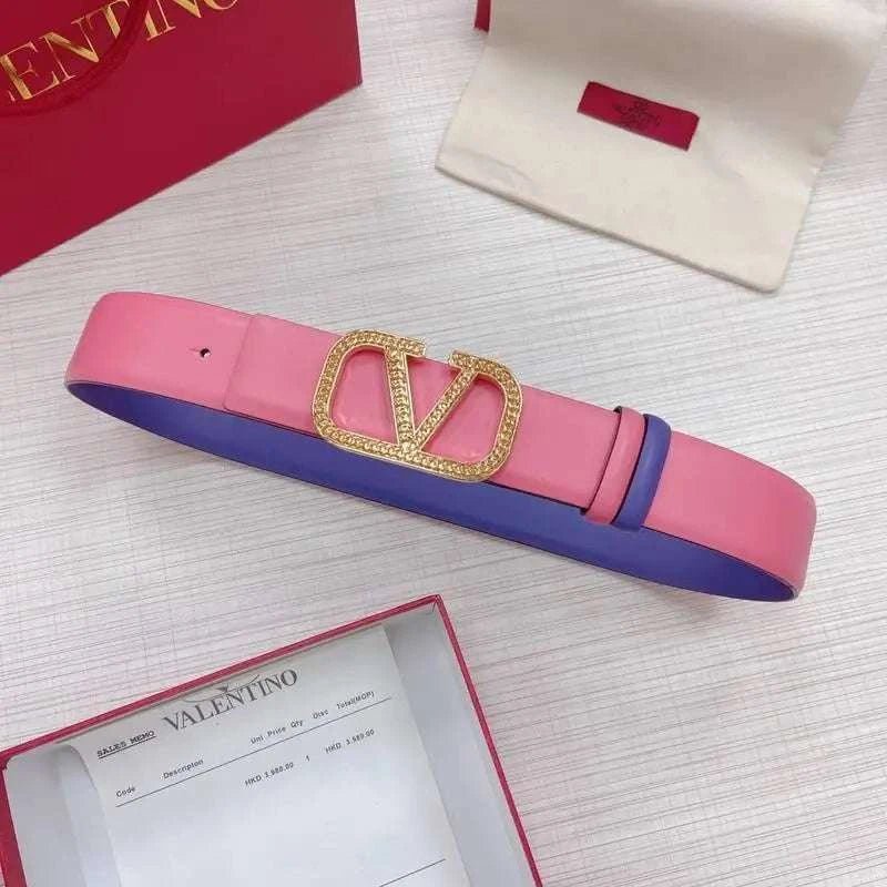 Valentino V logo Hammered Buckle Reversible Wide Signature Belt 'Pink/Purple' - Maven Couture Inc