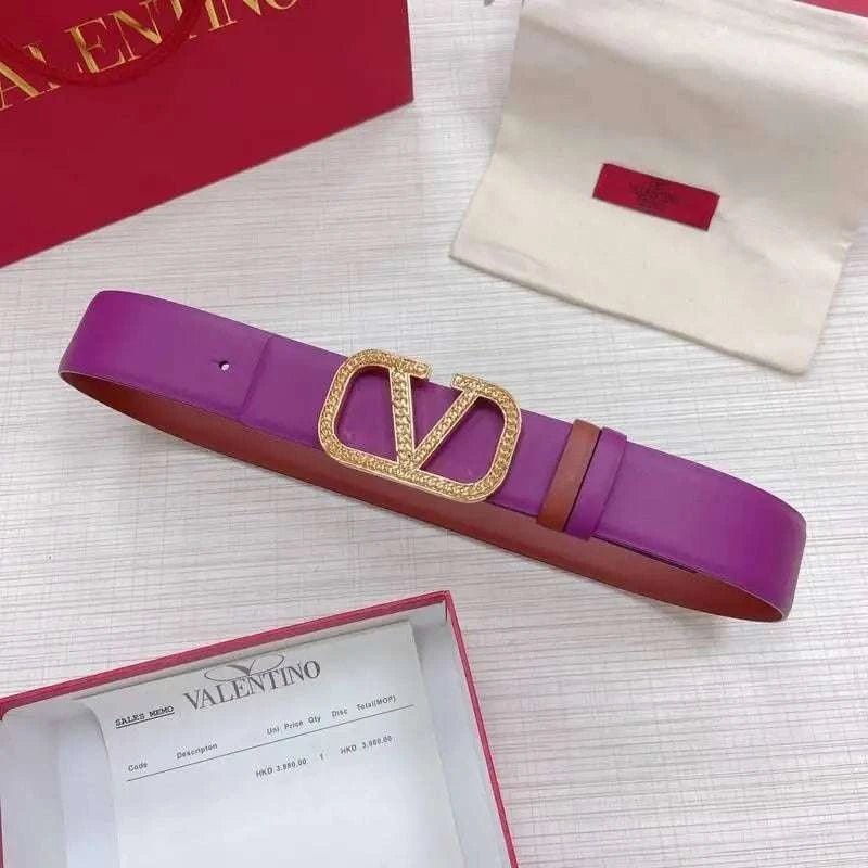 Valentino V logo Hammered Buckle Reversible Wide Signature Belt 'Purple/Brown' - Maven Couture Inc