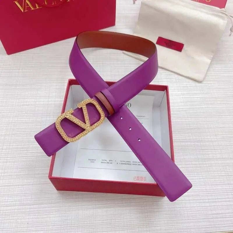 Valentino V logo Hammered Buckle Reversible Wide Signature Belt 'Purple/Brown' - Maven Couture Inc