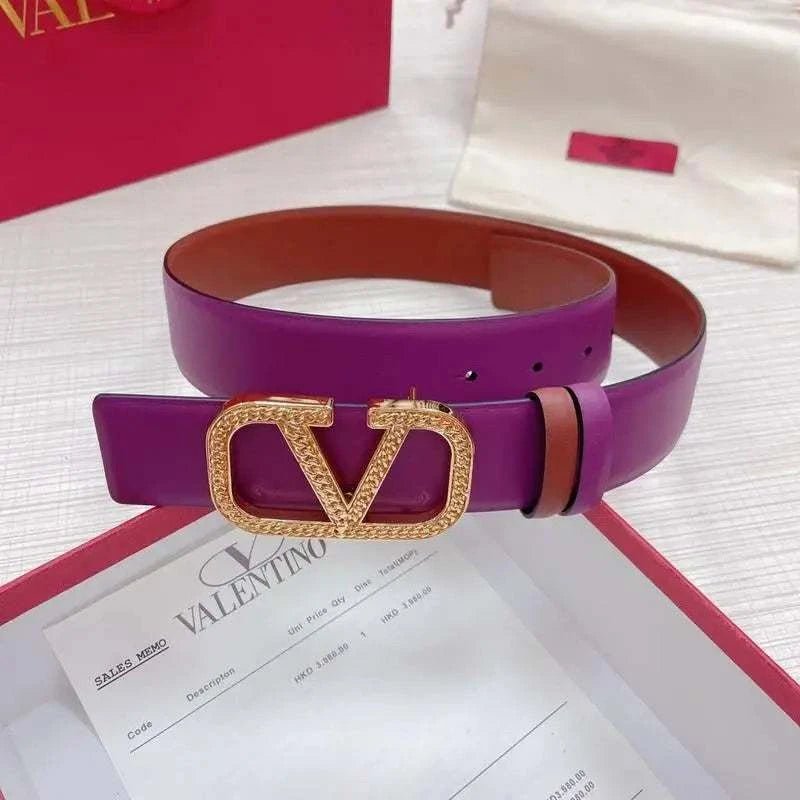Valentino V logo Hammered Buckle Reversible Wide Signature Belt 'Purple/Brown' - Maven Couture Inc