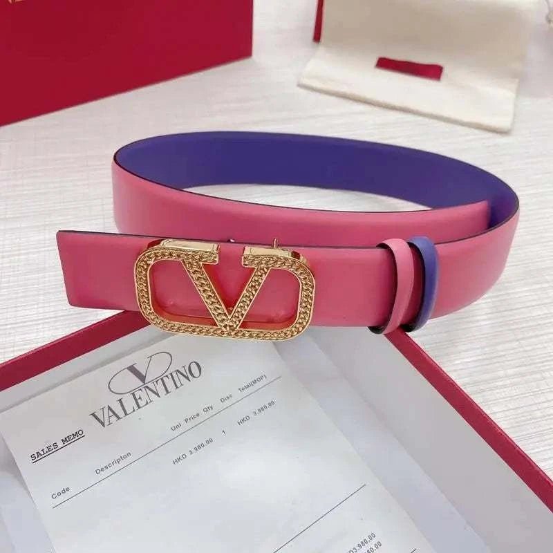 Valentino V logo Hammered Buckle Reversible Wide Signature Belt 'Pink/Purple' - Maven Couture Inc