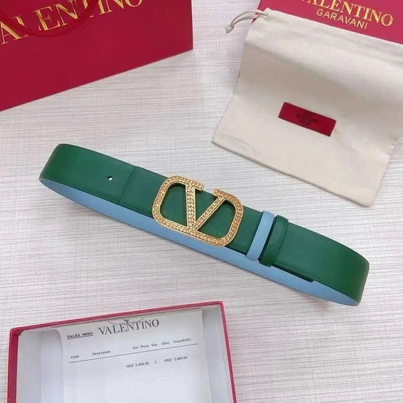 Valentino V logo Hammered Buckle Reversible Wide Signature Belt 'Green/Sky Blue' - Maven Couture Inc