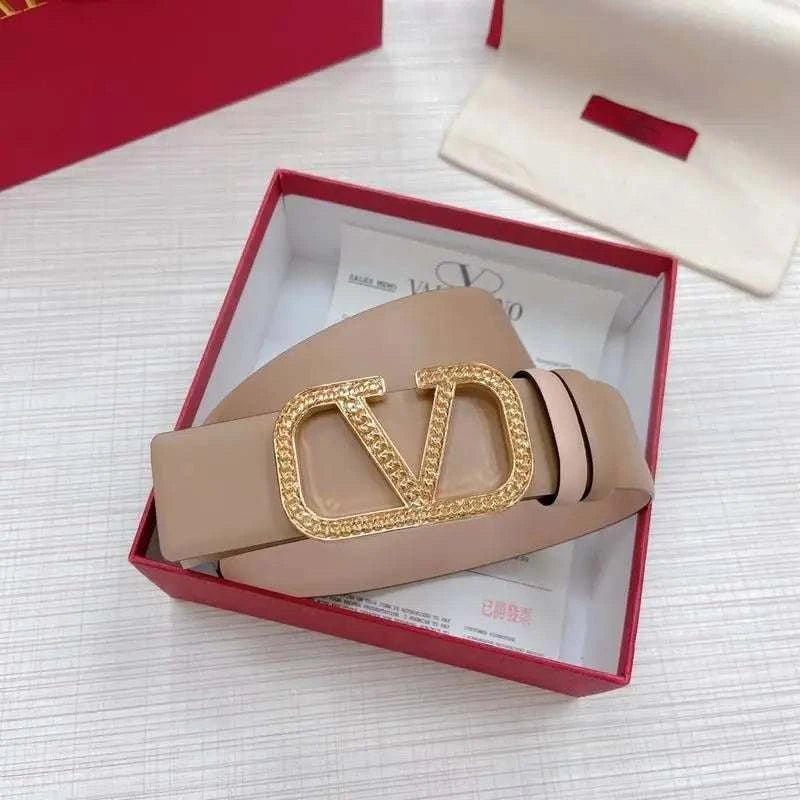 Valentino V logo Hammered Buckle Reversible Wide Signature Belt 'Light Brown/Beige' - Maven Couture Inc