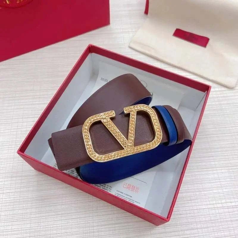 Valentino V logo Hammered Buckle Reversible Wide Signature Belt 'Brown/Blue' - Maven Couture Inc