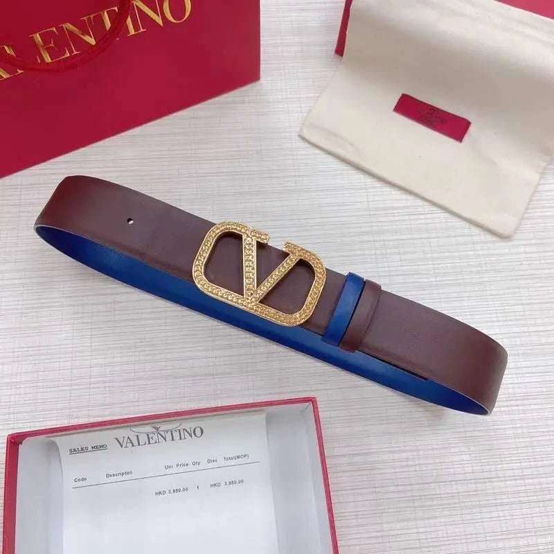 Valentino V logo Hammered Buckle Reversible Wide Signature Belt 'Brown/Blue' - Maven Couture Inc