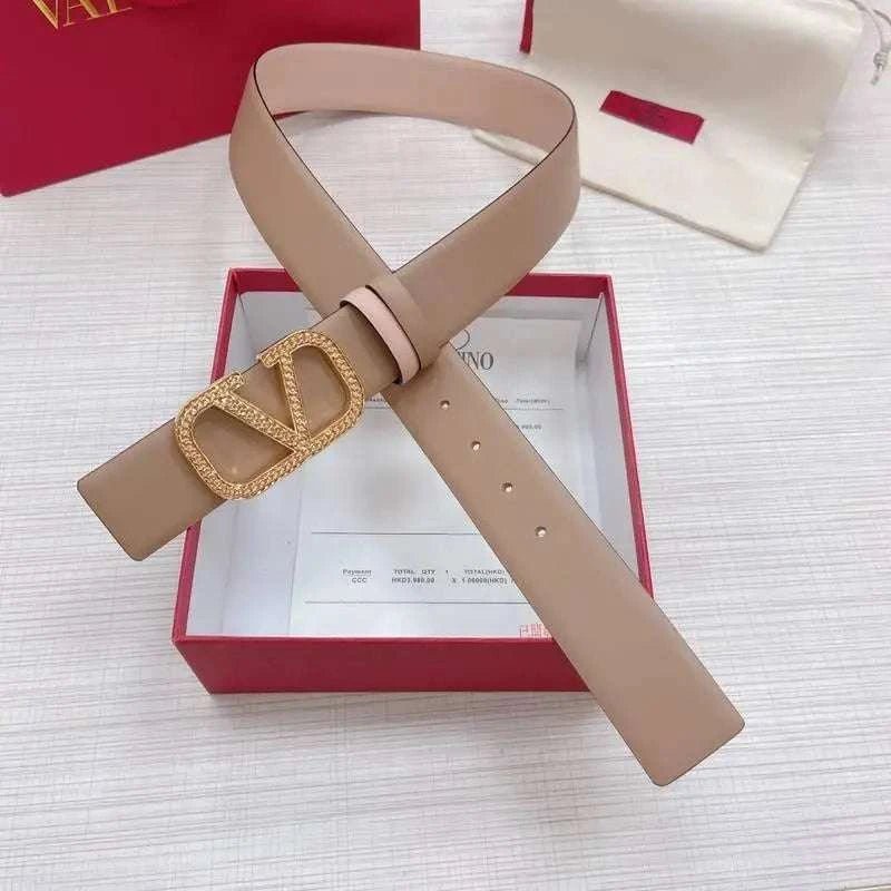 Valentino V logo Hammered Buckle Reversible Wide Signature Belt 'Light Brown/Beige' - Maven Couture Inc