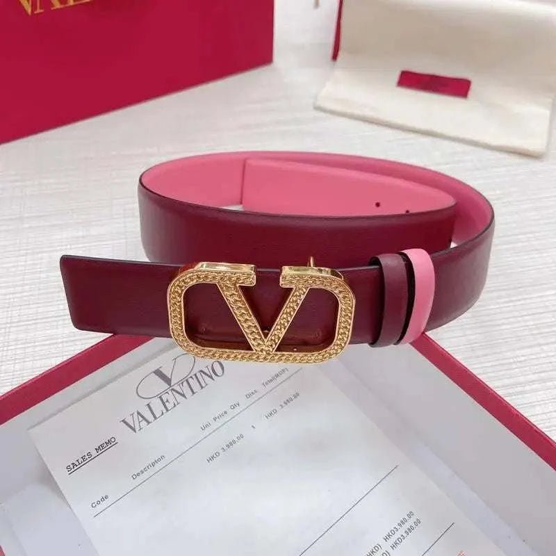 Valentino V logo Hammered Buckle Reversible Wide Signature Belt 'Red/Pink' - Maven Couture Inc