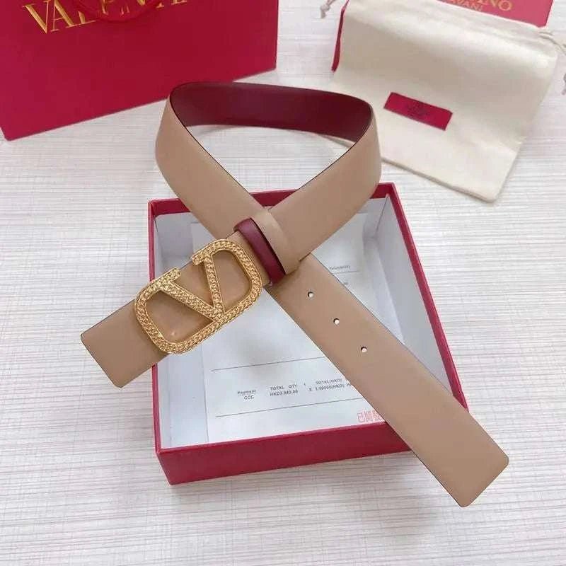 Valentino V logo Hammered Buckle Reversible Wide Signature Belt 'Beige/Red' - Maven Couture Inc