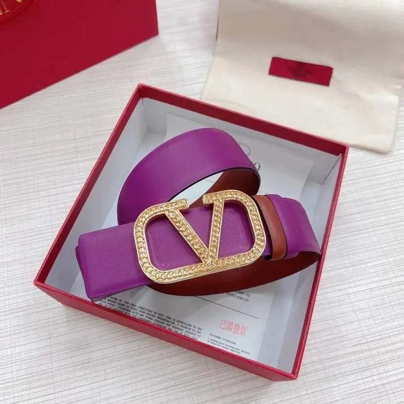 Valentino V logo Hammered Buckle Reversible Wide Signature Belt 'Purple/Brown' - Maven Couture Inc