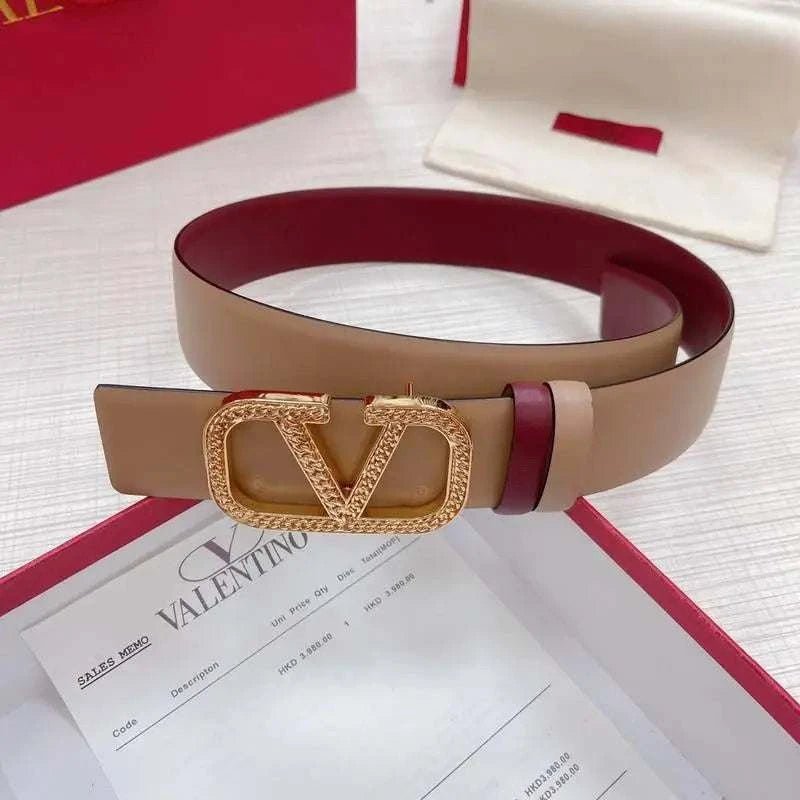 Valentino V logo Hammered Buckle Reversible Wide Signature Belt 'Beige/Red' - Maven Couture Inc