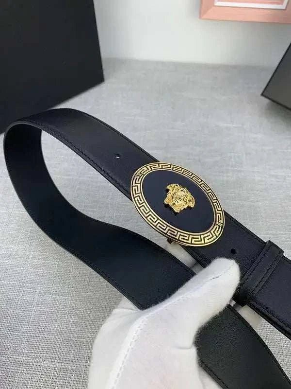 Versace Black Leather Vitello Belt Gold Medallion Buckle - Maven Couture Inc