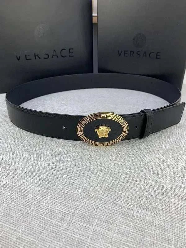 Versace Black Leather Vitello Belt Gold Medallion Buckle - Maven Couture Inc