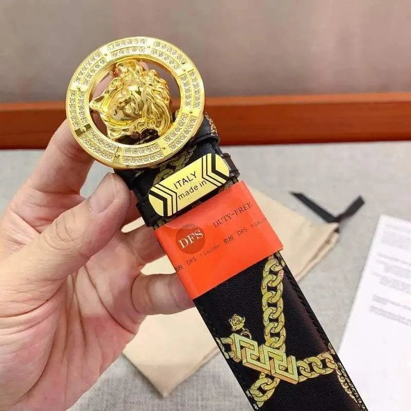 Versace Black Leather Vitello Belt Gold Medallion Buckle - Maven Couture Inc