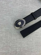 Versace Black Leather Vitello Belt Silver Medallion Buckle - Maven Couture Inc