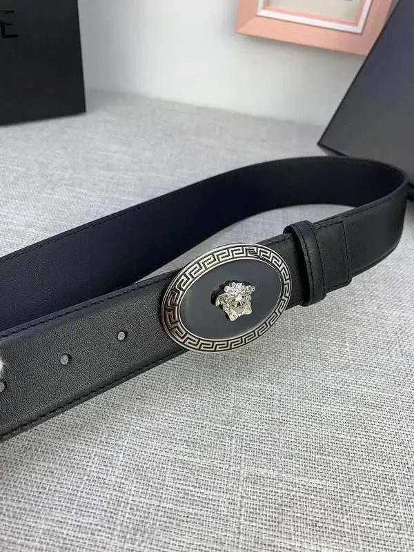 Versace Black Leather Vitello Belt Silver Medallion Buckle - Maven Couture Inc