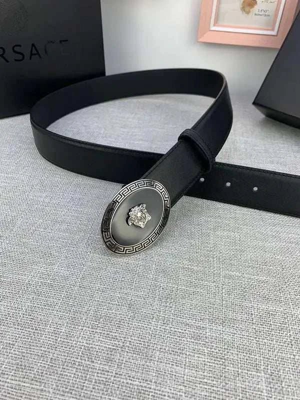 Versace Black Leather Vitello Belt Silver Medallion Buckle - Maven Couture Inc