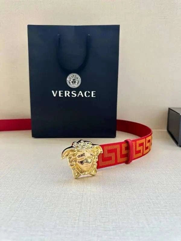 VERSACE La Medusa La Greca Belt In Red Gold - Maven Couture Inc