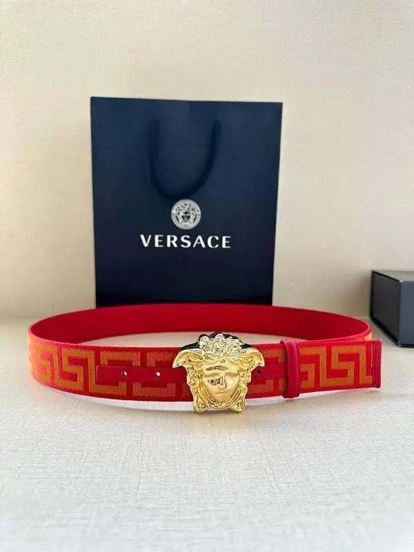 VERSACE La Medusa La Greca Belt In Red Gold - Maven Couture Inc