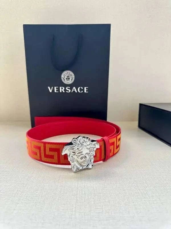 VERSACE La Medusa La Greca Belt In Red Silver - Maven Couture Inc